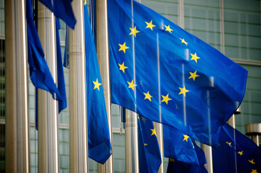 EU flags fly in a row in front of the European Commission