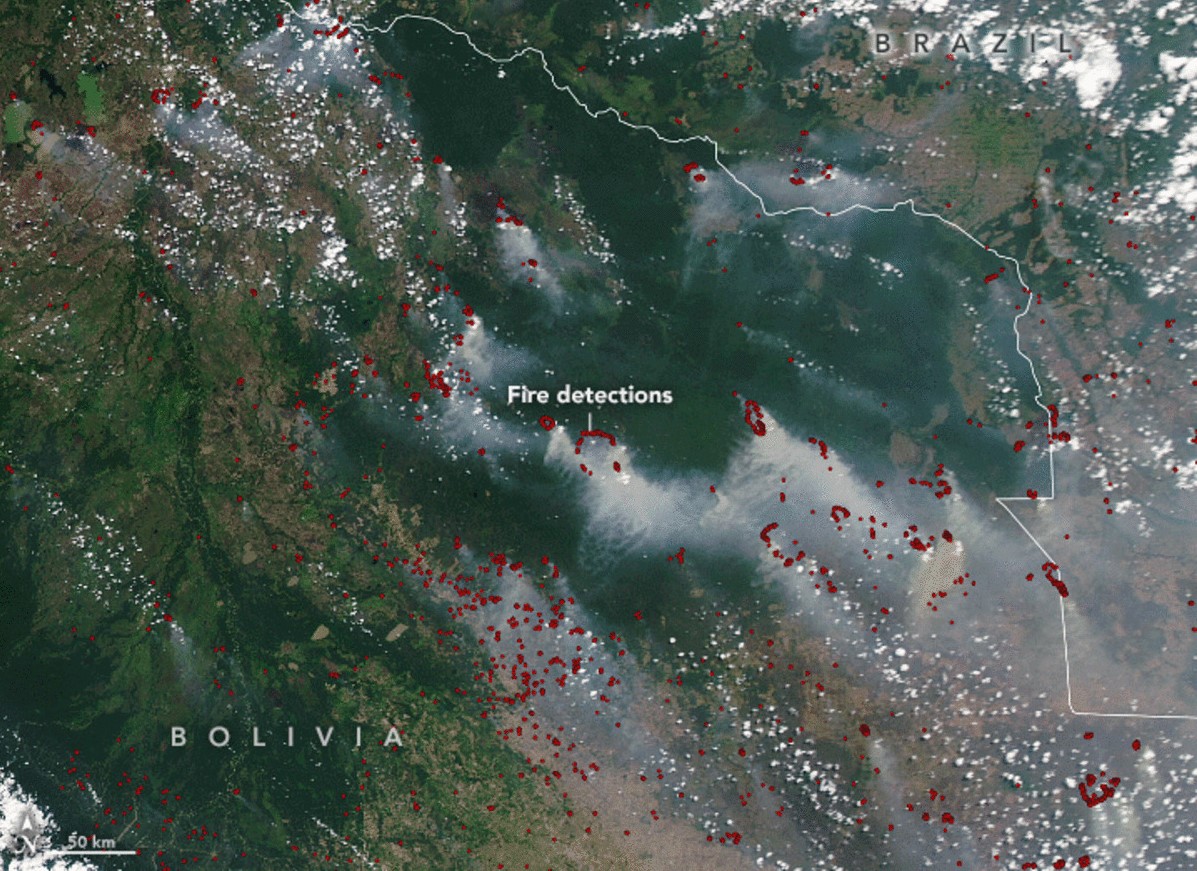 NASA Earth Observatory image of wildfires in Bolivia