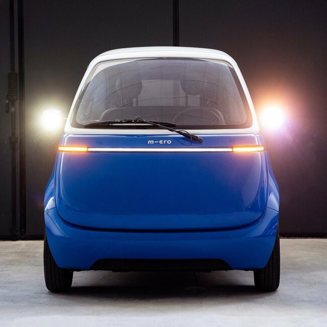 small, electric microlino car soon to be driving along european